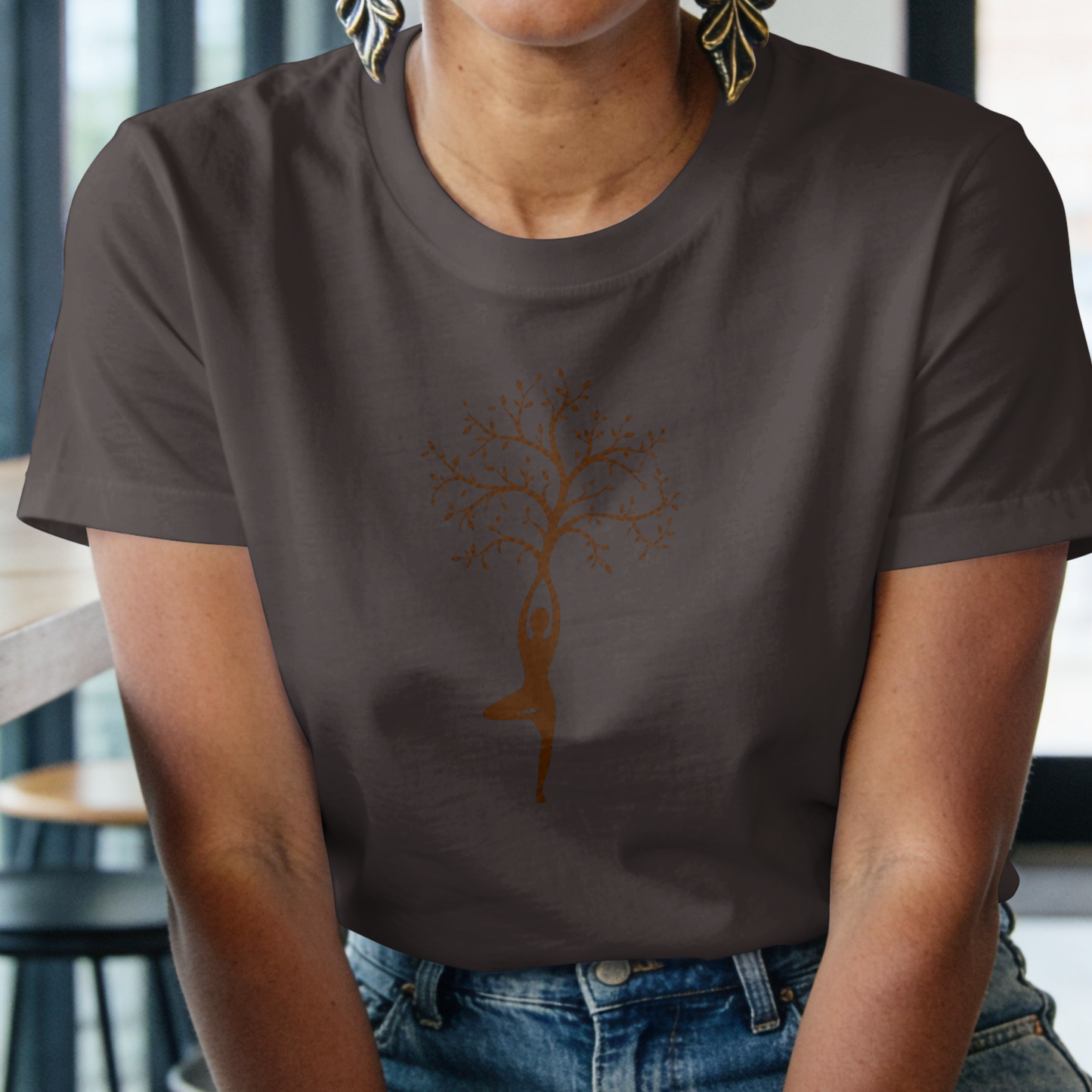 Women's Tree of Life Yoga Graphic T-Shirt in premium cotton with Vrikshasana yoga pose print and round neck design