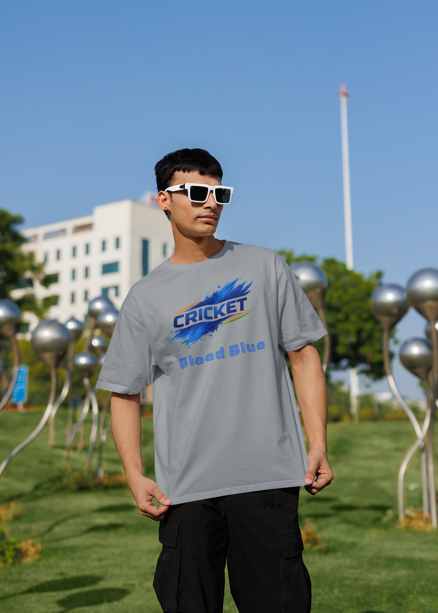 Bleed Blue Cricket T-Shirt for Men | Indian Cricket Fan Graphic Printed Oversized T-Shirts | 100% Combed Cotton Round Neck Sports T-Shirt