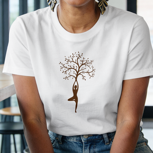 Women's Tree of Life Yoga Graphic T-Shirt in premium cotton with Vrikshasana yoga pose print and round neck design