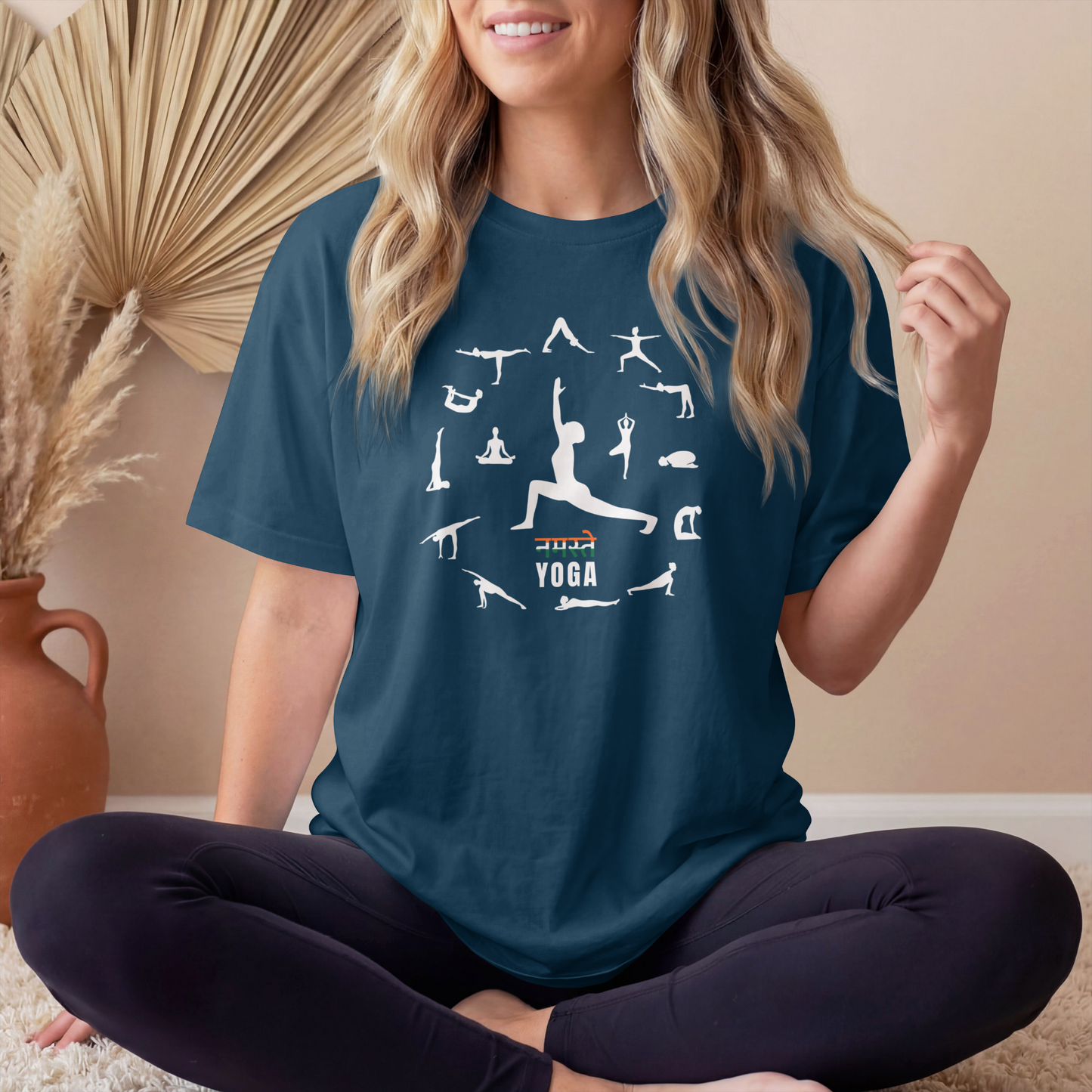 Women's Namaste Yoga Poses T-Shirt featuring yoga asanas graphic design on premium cotton tee