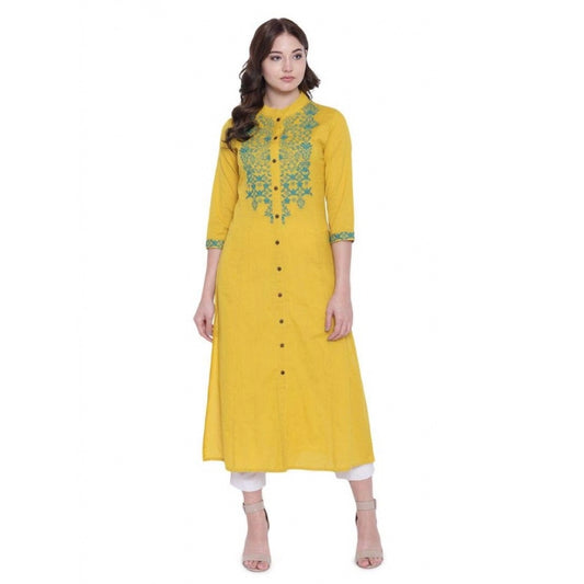 Generic Women's Khadi Embroidered Kurti (Yellow, Khadi)