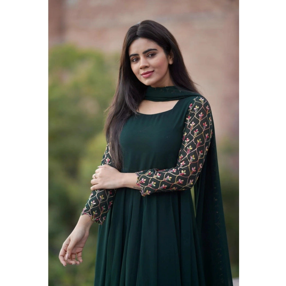 Generic Women's Georgette Embroidery 3-4th Sleeve Round Neck Kurti with Dupatta Set (Green)