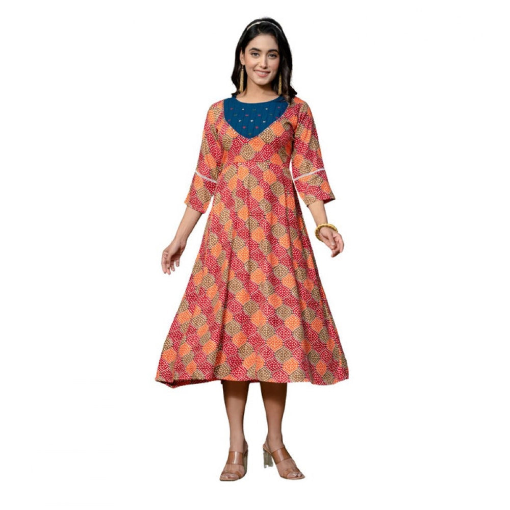 Generic Women's Rayon Print With Embroidery Work A-Line Kurti (Multicolor)
