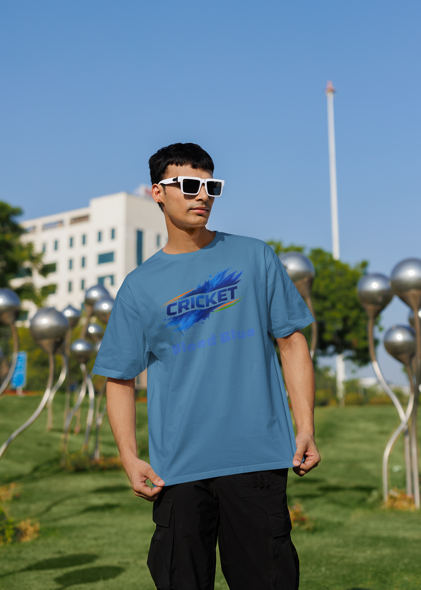 Bleed Blue Cricket T-Shirt for Men | Indian Cricket Fan Graphic Printed Oversized T-Shirts | 100% Combed Cotton Round Neck Sports T-Shirt
