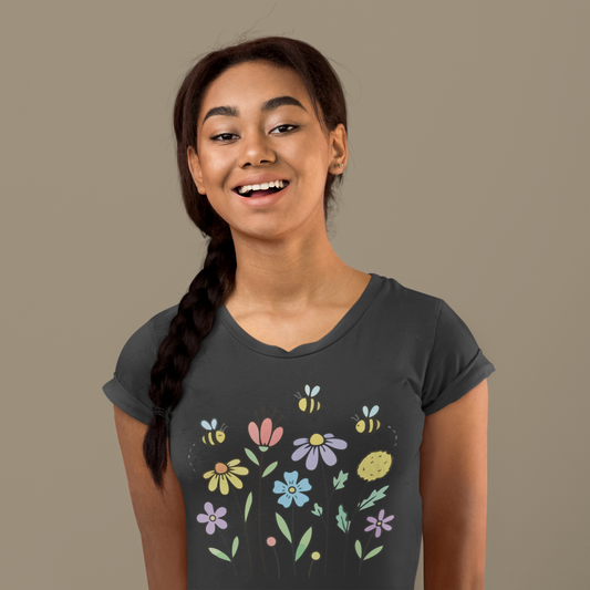 Women T-Shirts Bees Flying Around Flowers