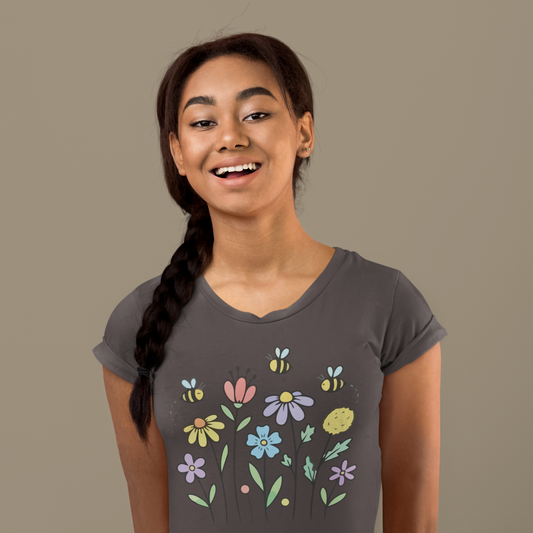 Women T-Shirts Bees Flying Around Flowers