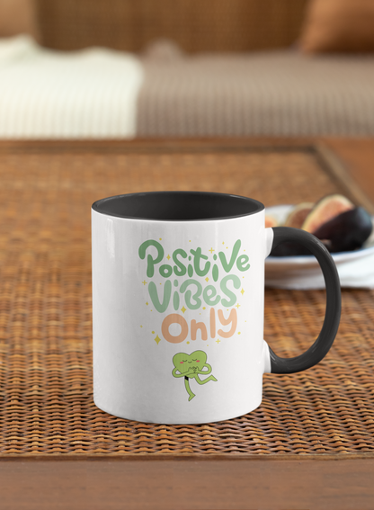 Positive Vibes Only 11oz mug design with cute green hugging heart on black background
