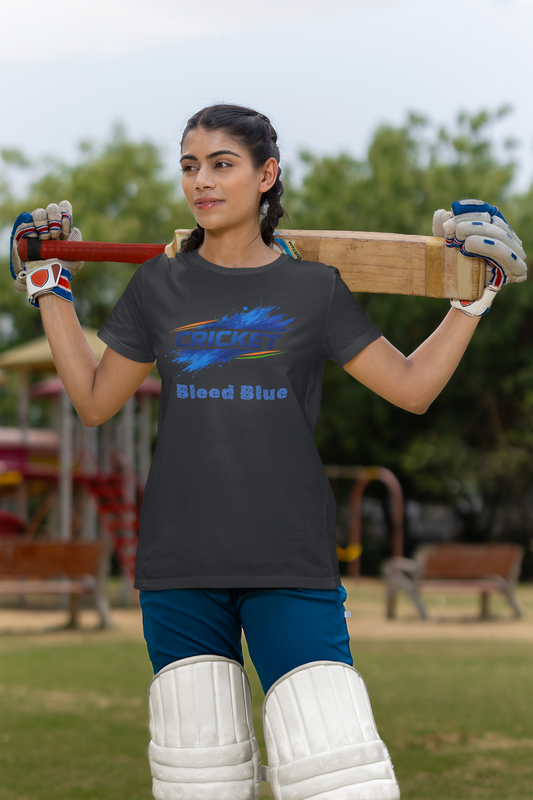 Bleed Blue Cricket T-Shirt for Women | Indian Cricket Fan Graphic Printed T-Shirts | 100% Combed Cotton Round Neck Sports T-Shirt