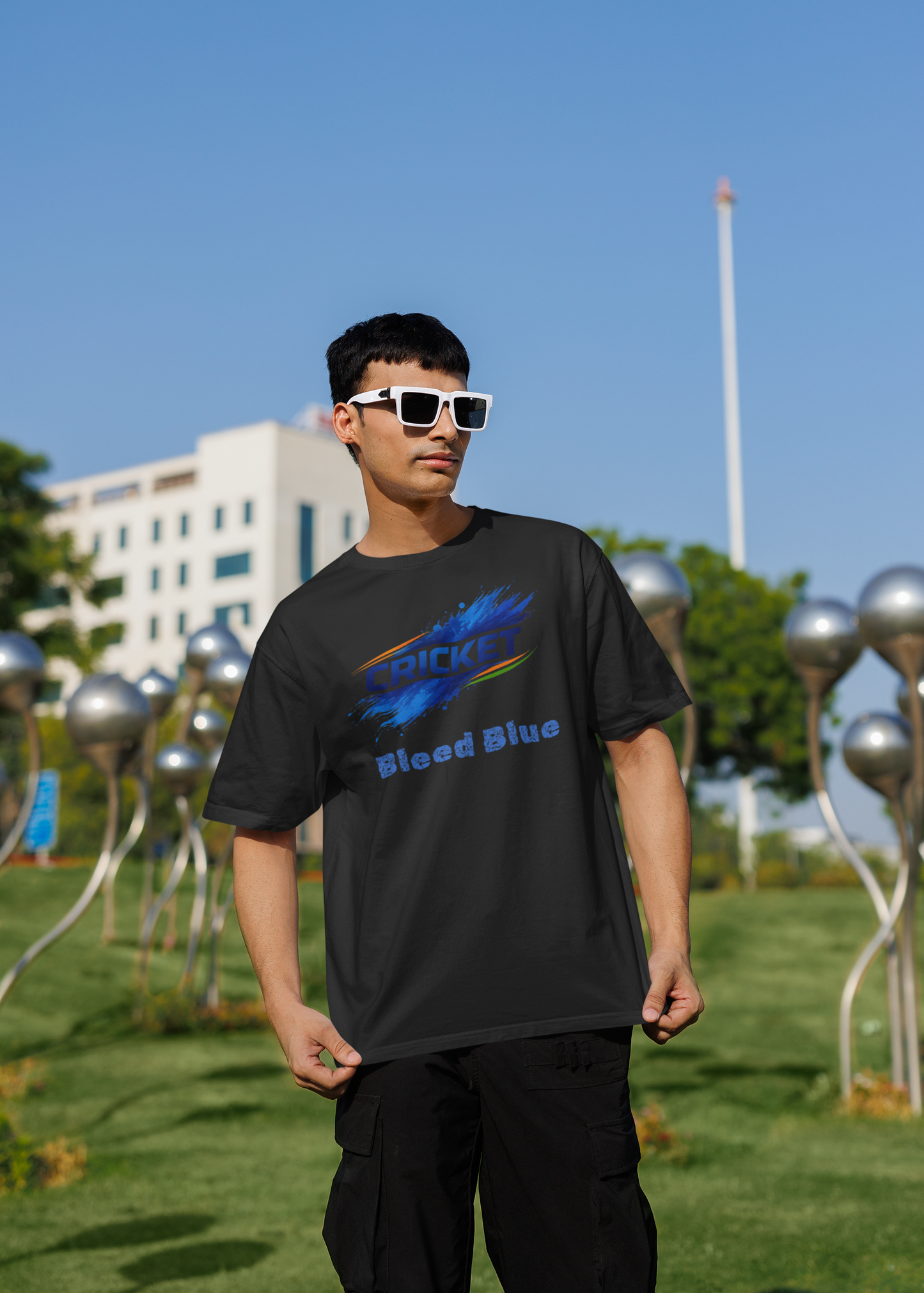 Bleed Blue Cricket T-Shirt for Men | Indian Cricket Fan Graphic Printed Oversized T-Shirts | 100% Combed Cotton Round Neck Sports T-Shirt