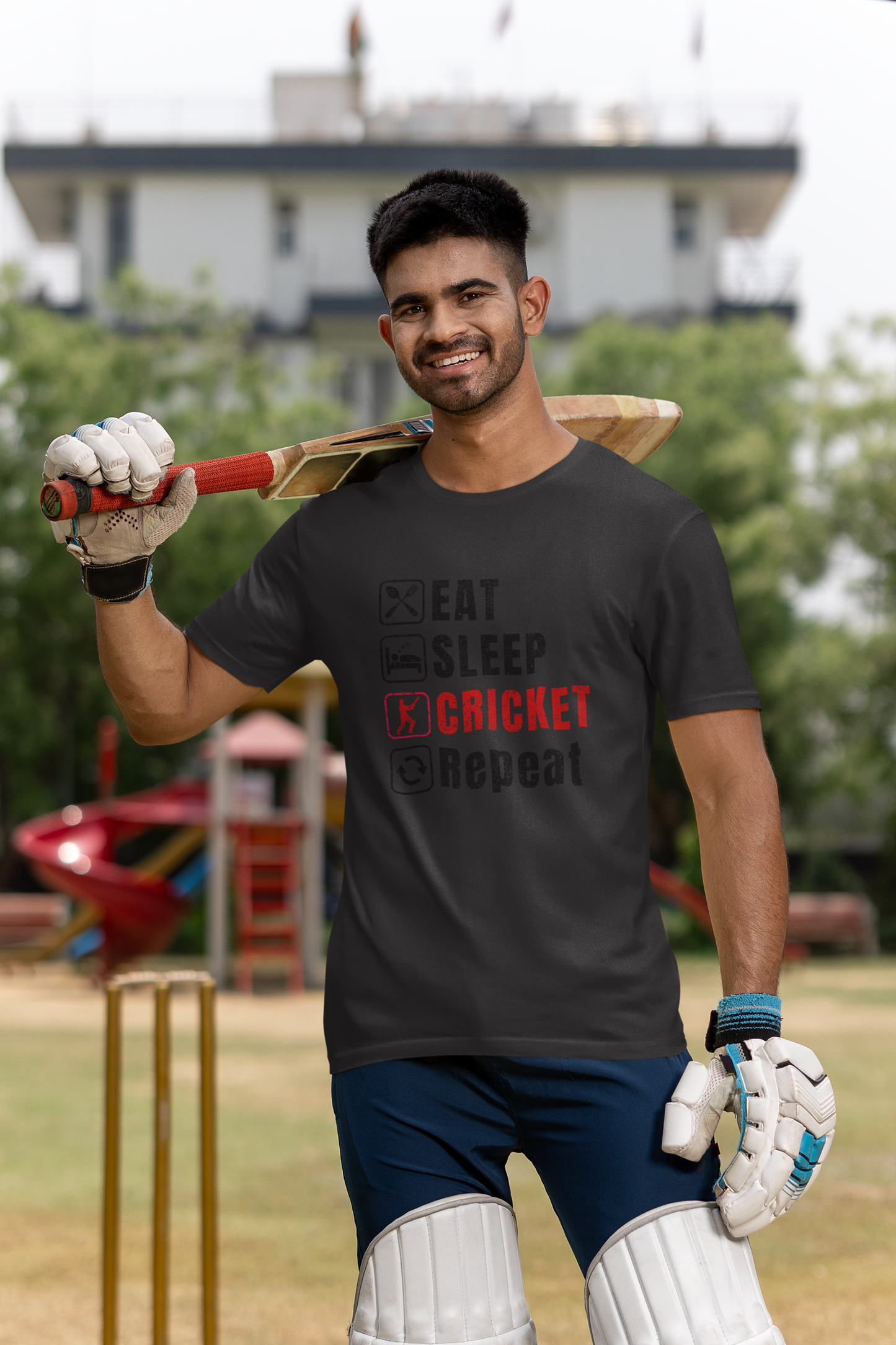 Graphic tee featuring Eat Sleep Cricket Repeat slogan, ideal for Indian cricket enthusiasts