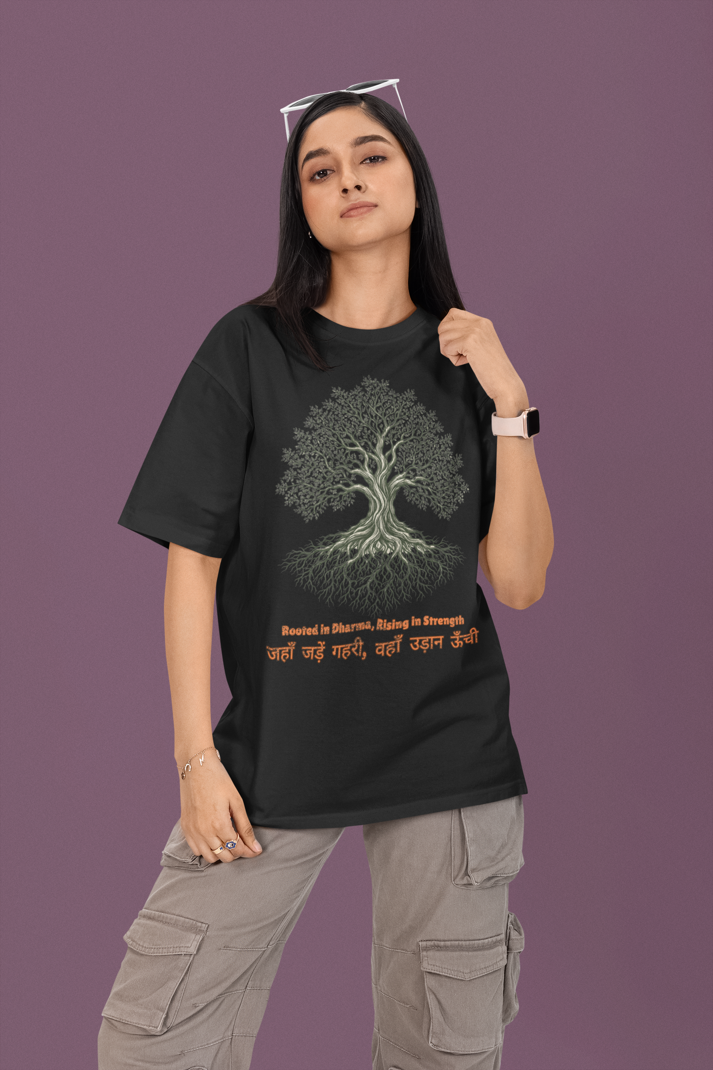 Women’s oversized Tree of Life graphic t-shirt with gnarled tree print, 100% cotton streetwear tee
