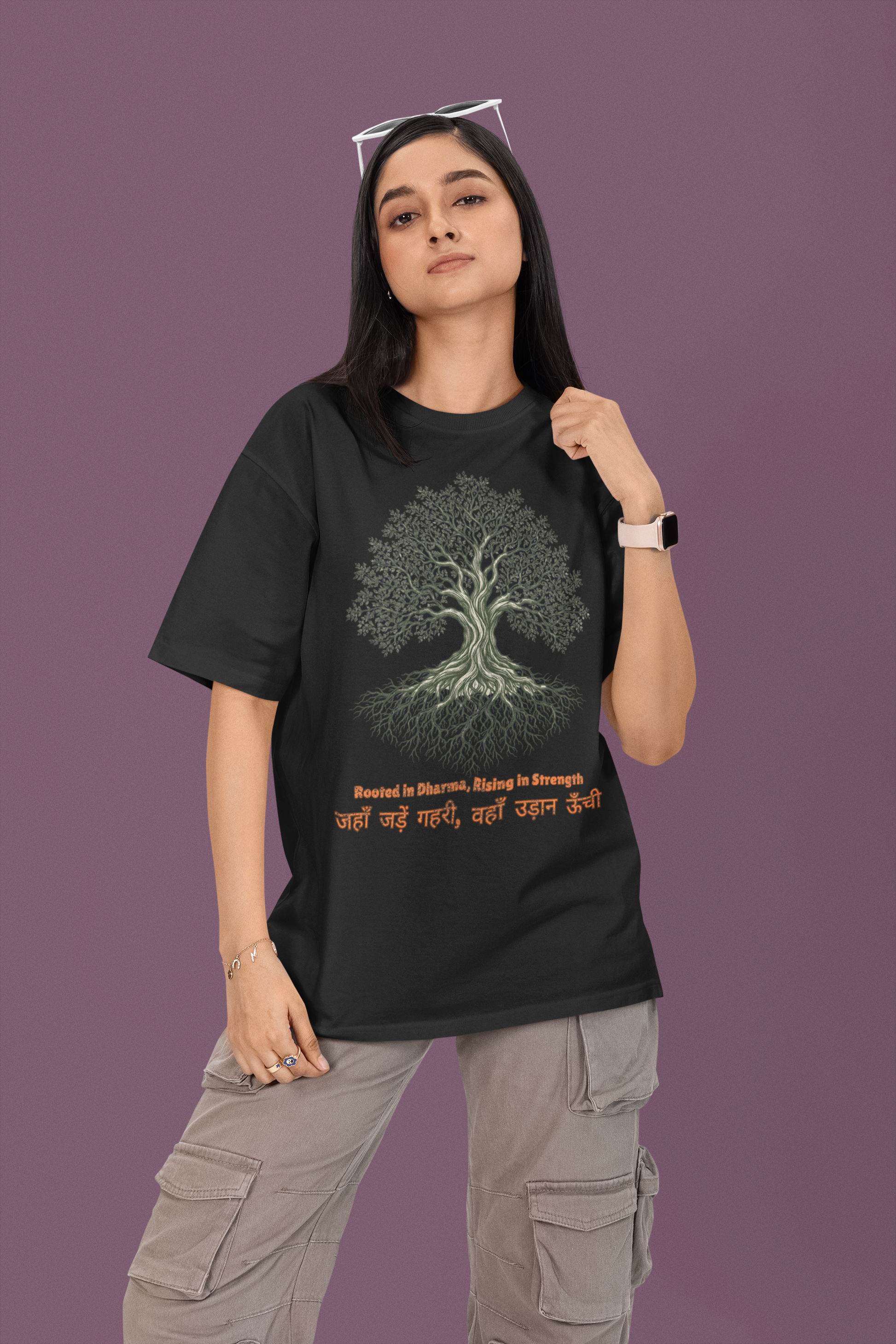 Women’s oversized Tree of Life graphic t-shirt with gnarled tree print, 100% cotton streetwear tee
