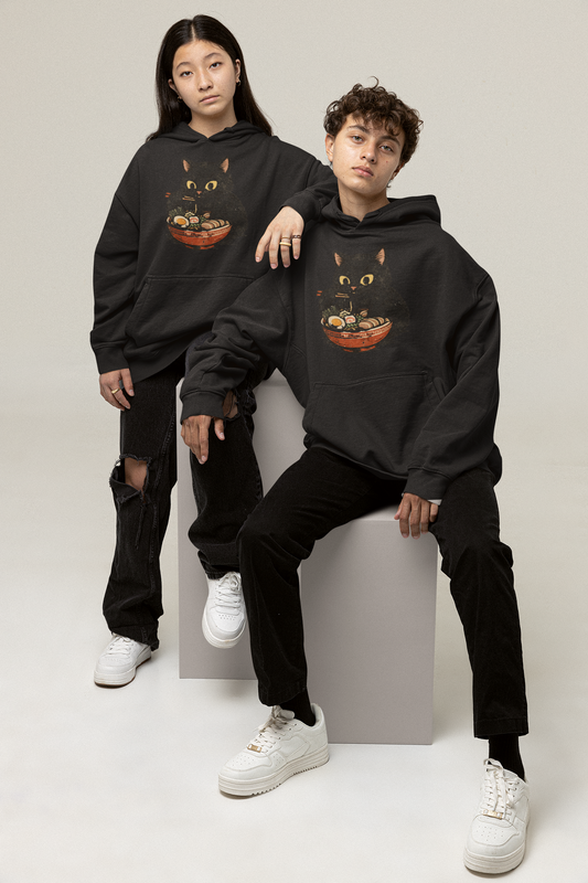 Cat Ramen Hoodie | Black Cat Eating Ramen Oversized Unisex Hoodie – Cats and Carbs