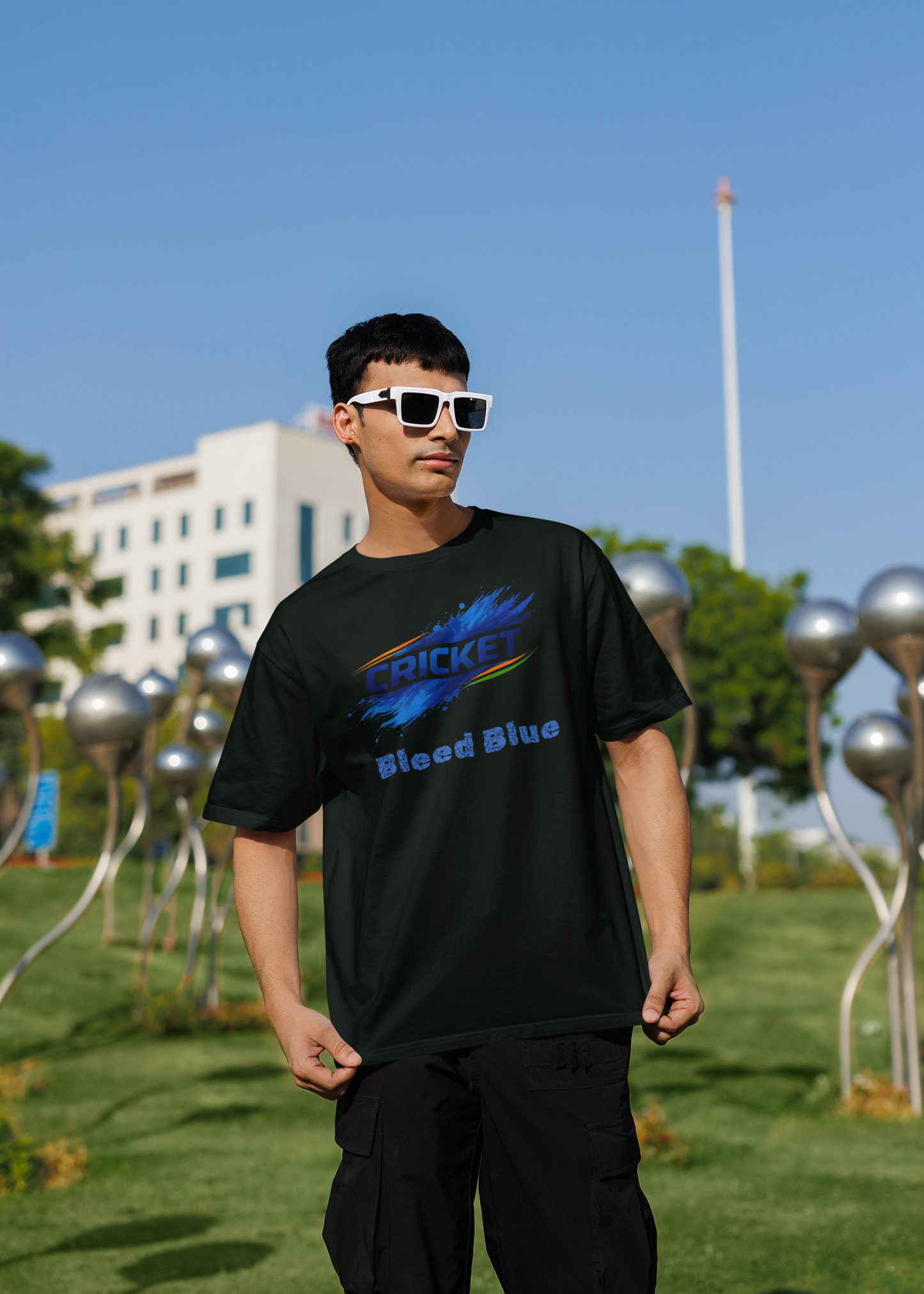 Bleed Blue Cricket T-Shirt for Men | Indian Cricket Fan Graphic Printed Oversized T-Shirts | 100% Combed Cotton Round Neck Sports T-Shirt
