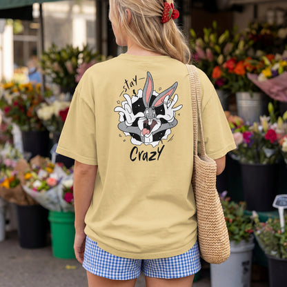 Grey oversized unisex t-shirt with a Stay Crazy Bugs Bunny graphic breaking through the fabric, back view