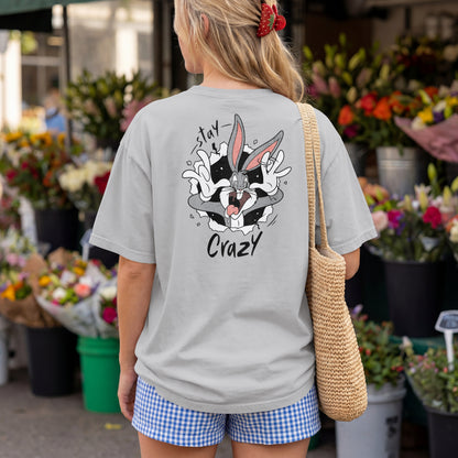 Grey oversized unisex t-shirt with a Stay Crazy Bugs Bunny graphic breaking through the fabric, back view