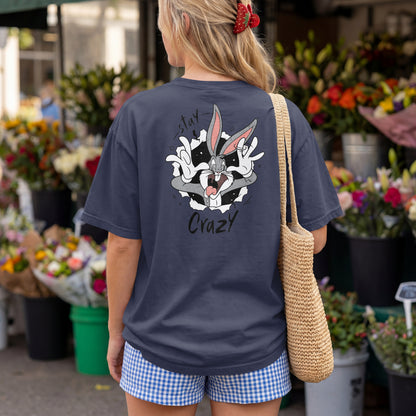 Grey oversized unisex t-shirt with a Stay Crazy Bugs Bunny graphic breaking through the fabric, back view