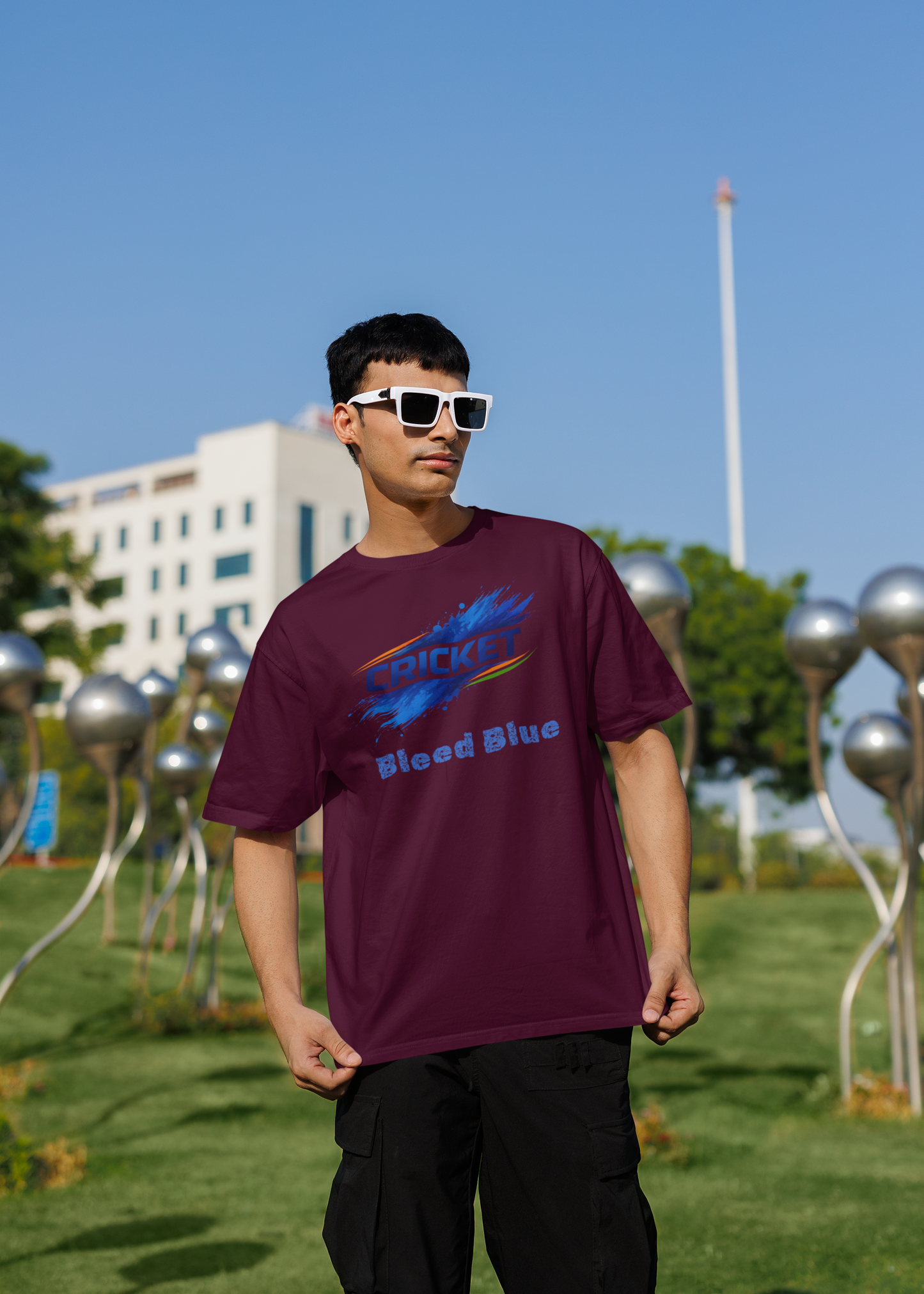 Bleed Blue Cricket T-Shirt for Men | Indian Cricket Fan Graphic Printed Oversized T-Shirts | 100% Combed Cotton Round Neck Sports T-Shirt