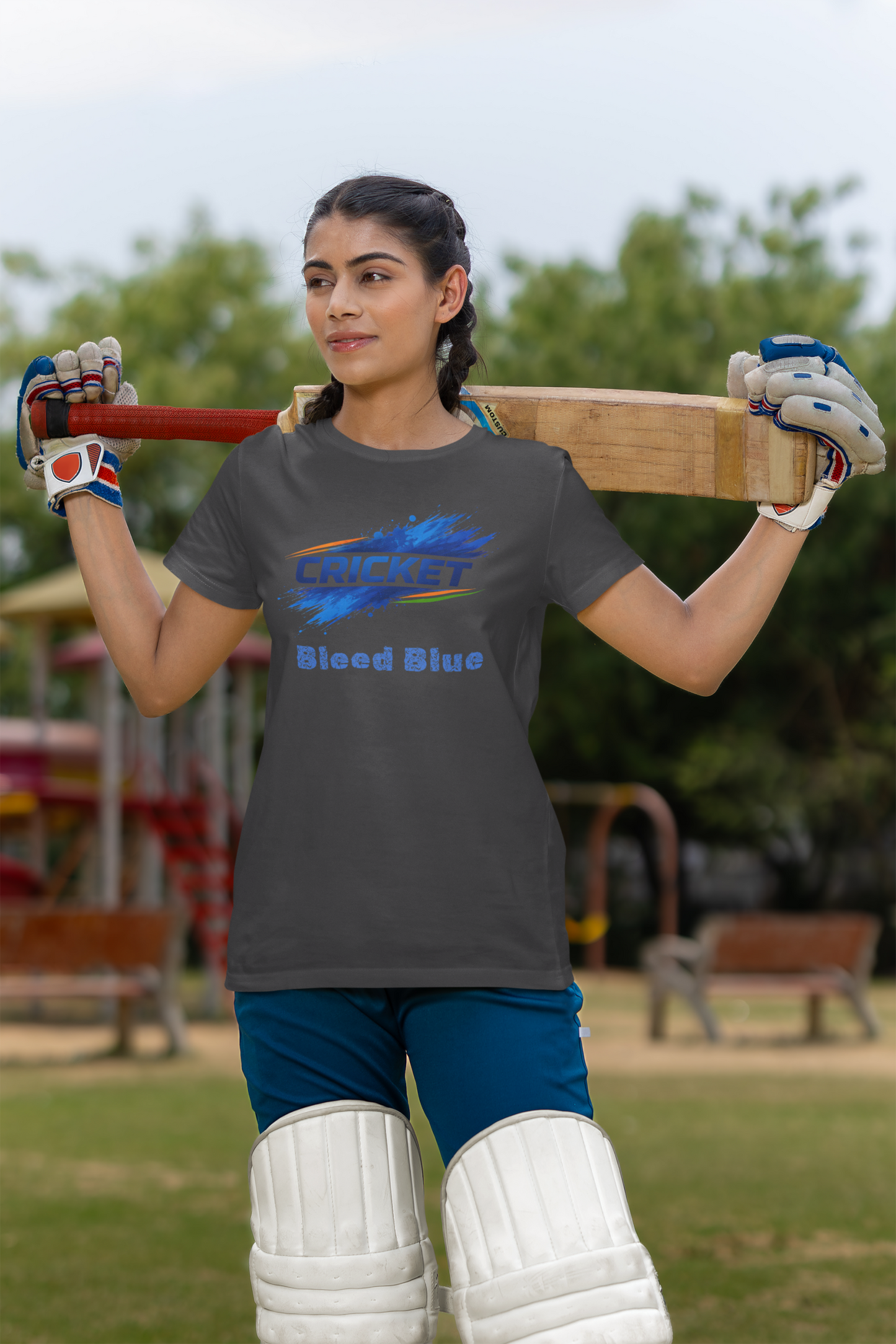 Bleed Blue Cricket T-Shirt for Women | Indian Cricket Fan Graphic Printed T-Shirts | 100% Combed Cotton Round Neck Sports T-Shirt
