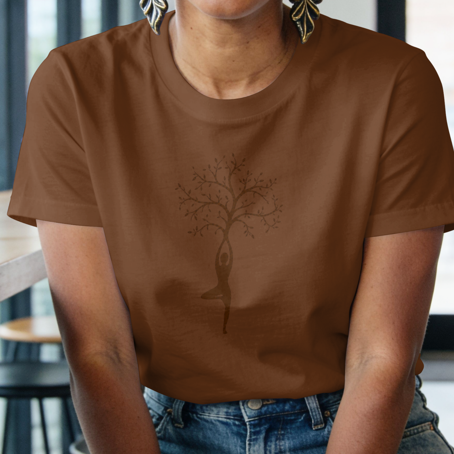 Women's Tree of Life Yoga Graphic T-Shirt in premium cotton with Vrikshasana yoga pose print and round neck design