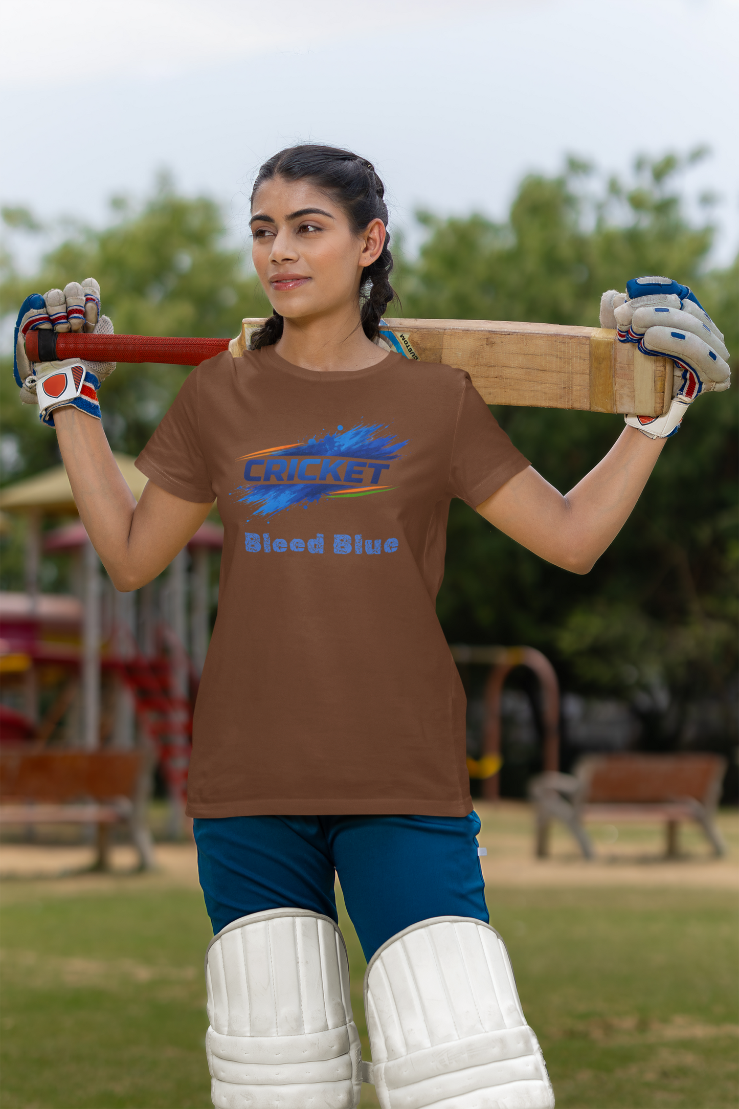 Bleed Blue Cricket T-Shirt for Women | Indian Cricket Fan Graphic Printed T-Shirts | 100% Combed Cotton Round Neck Sports T-Shirt