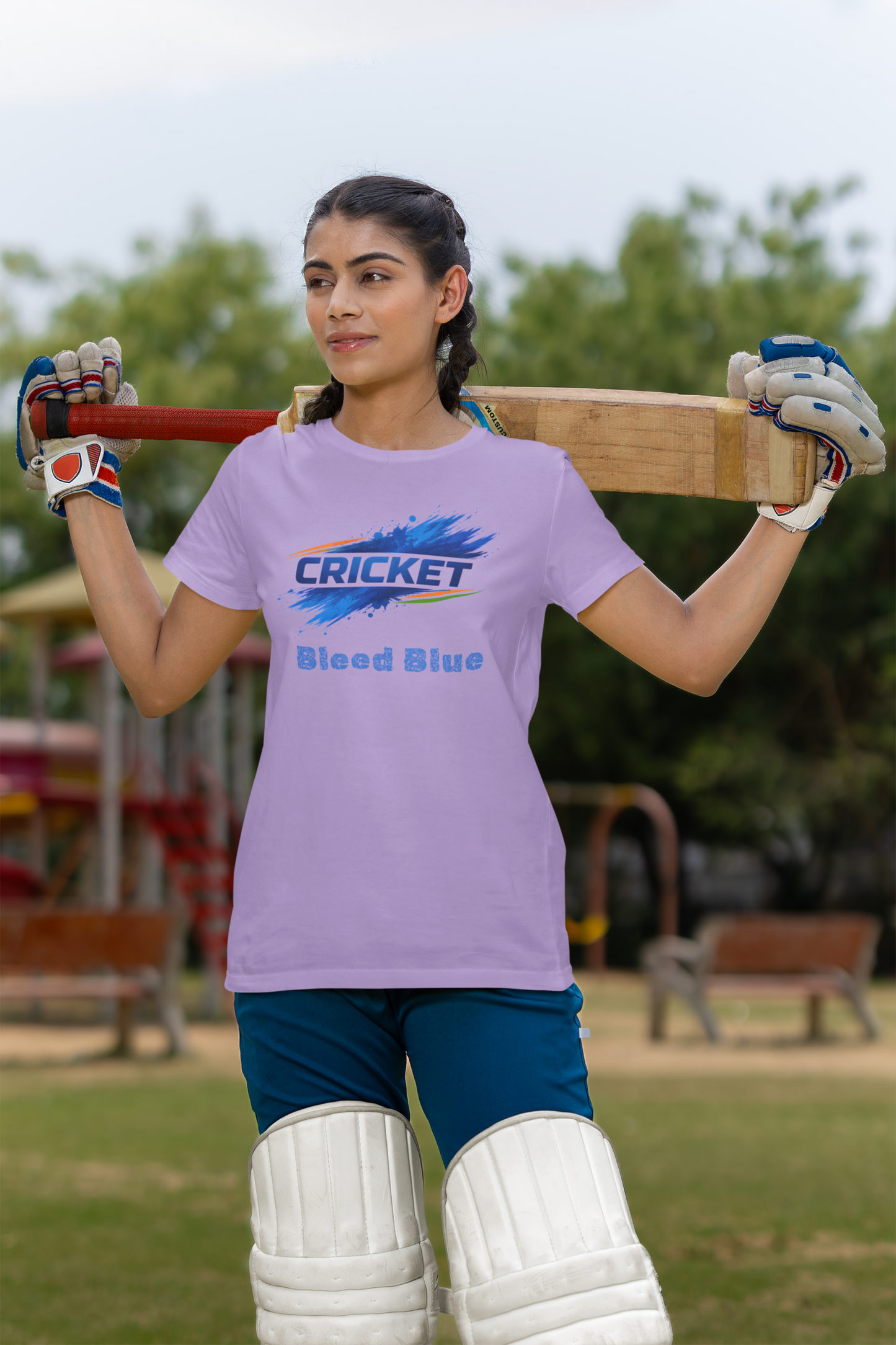 Bleed Blue Cricket T-Shirt for Women | Indian Cricket Fan Graphic Printed T-Shirts | 100% Combed Cotton Round Neck Sports T-Shirt