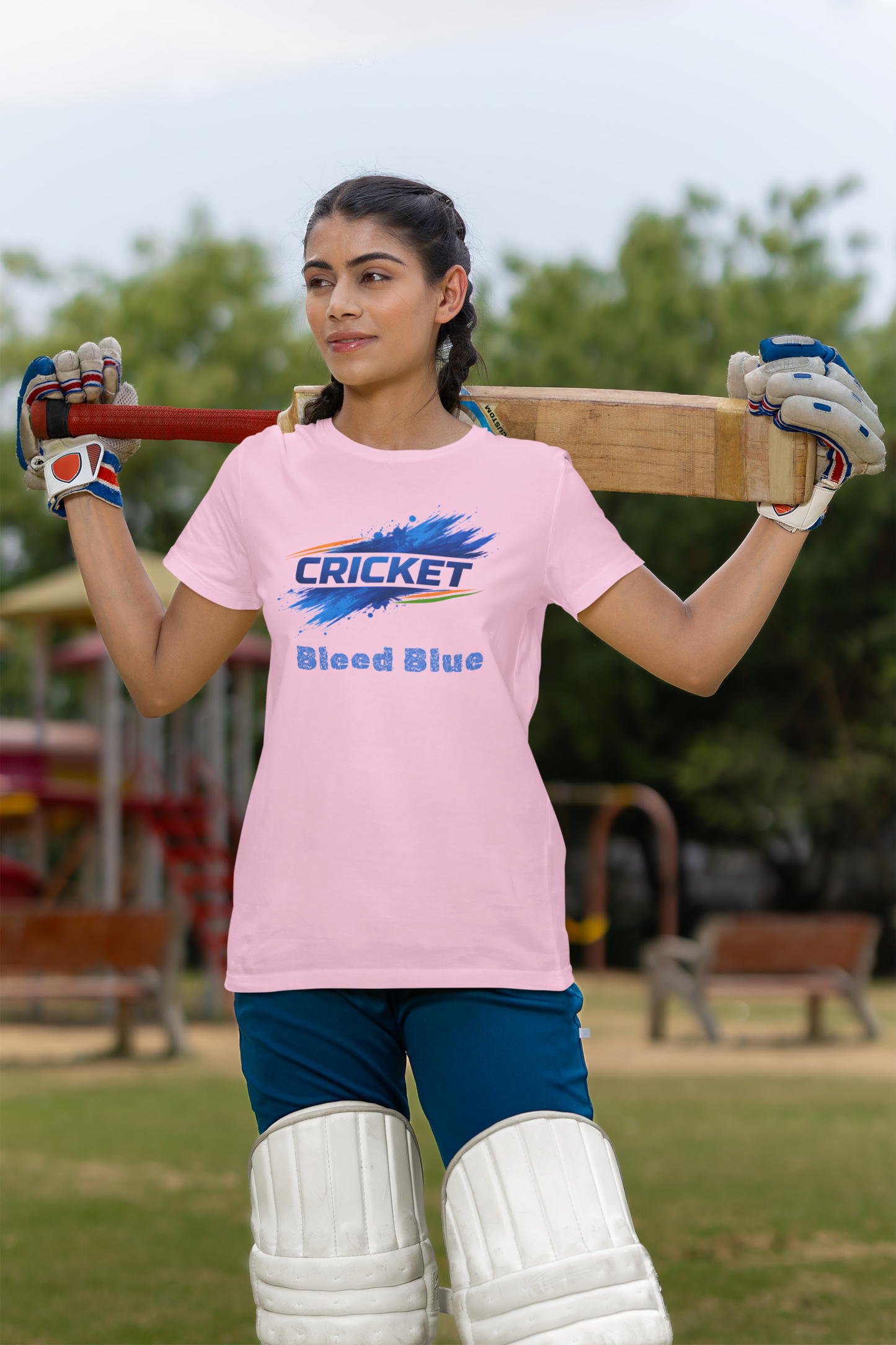 Bleed Blue Cricket T-Shirt for Women | Indian Cricket Fan Graphic Printed T-Shirts | 100% Combed Cotton Round Neck Sports T-Shirt