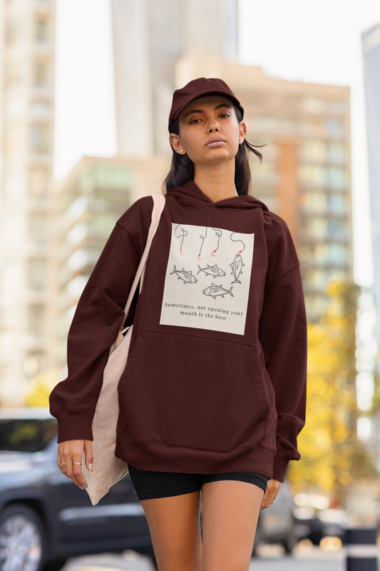 Oversized maroon unisex hoodie with aesthetic fish graphic print, Gen Z streetwear style, relaxed fit sweatshirt India
