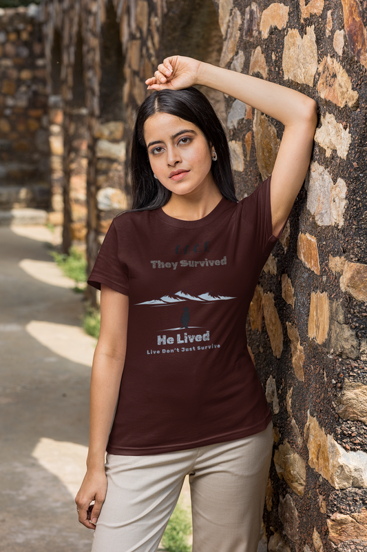 Minimalist penguin design with inspirational quote “They survived. He lived.” t-shirt style graphic.