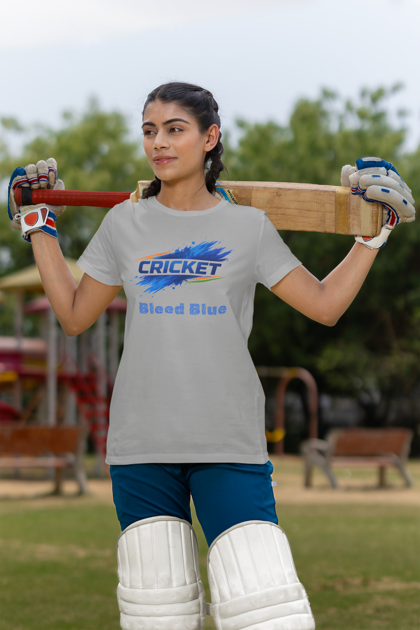Bleed Blue Cricket T-Shirt for Women | Indian Cricket Fan Graphic Printed T-Shirts | 100% Combed Cotton Round Neck Sports T-Shirt