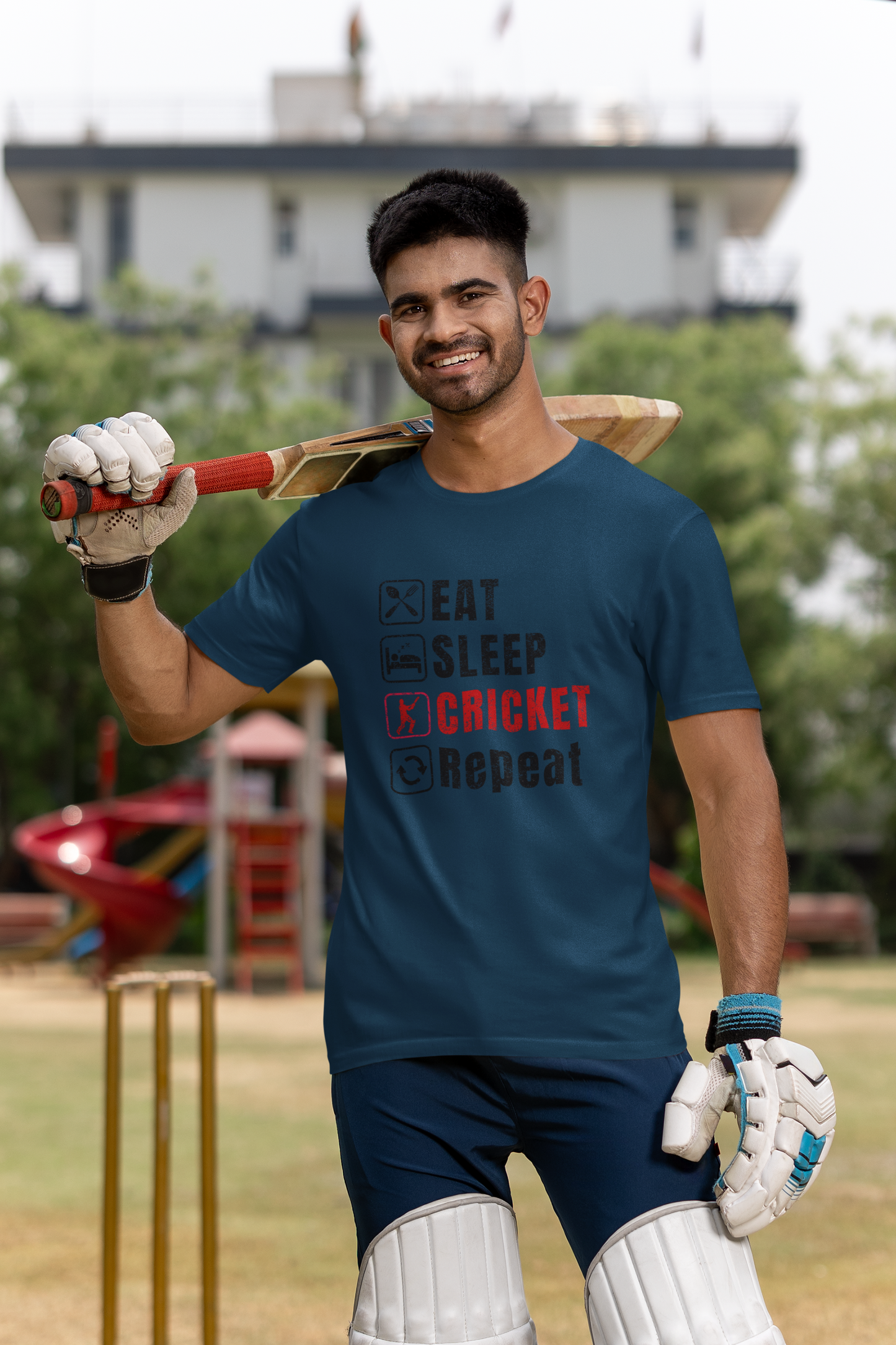 Graphic tee featuring Eat Sleep Cricket Repeat slogan, ideal for Indian cricket enthusiasts