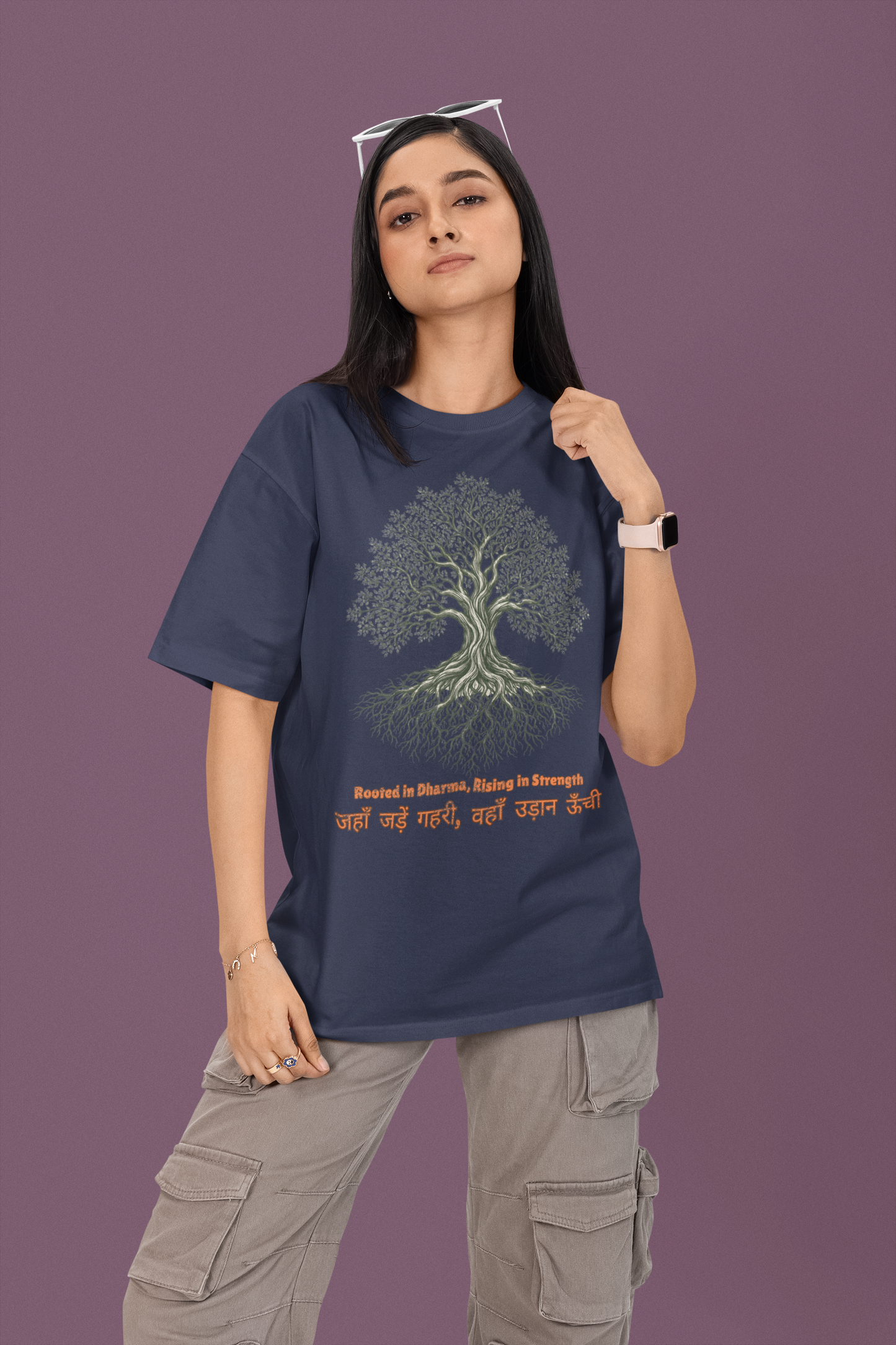 Women’s oversized Tree of Life graphic t-shirt with gnarled tree print, 100% cotton streetwear tee
