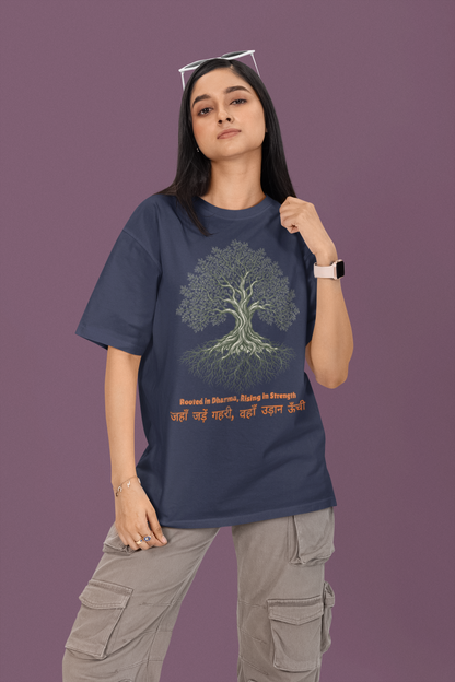 Women’s oversized Tree of Life graphic t-shirt with gnarled tree print, 100% cotton streetwear tee