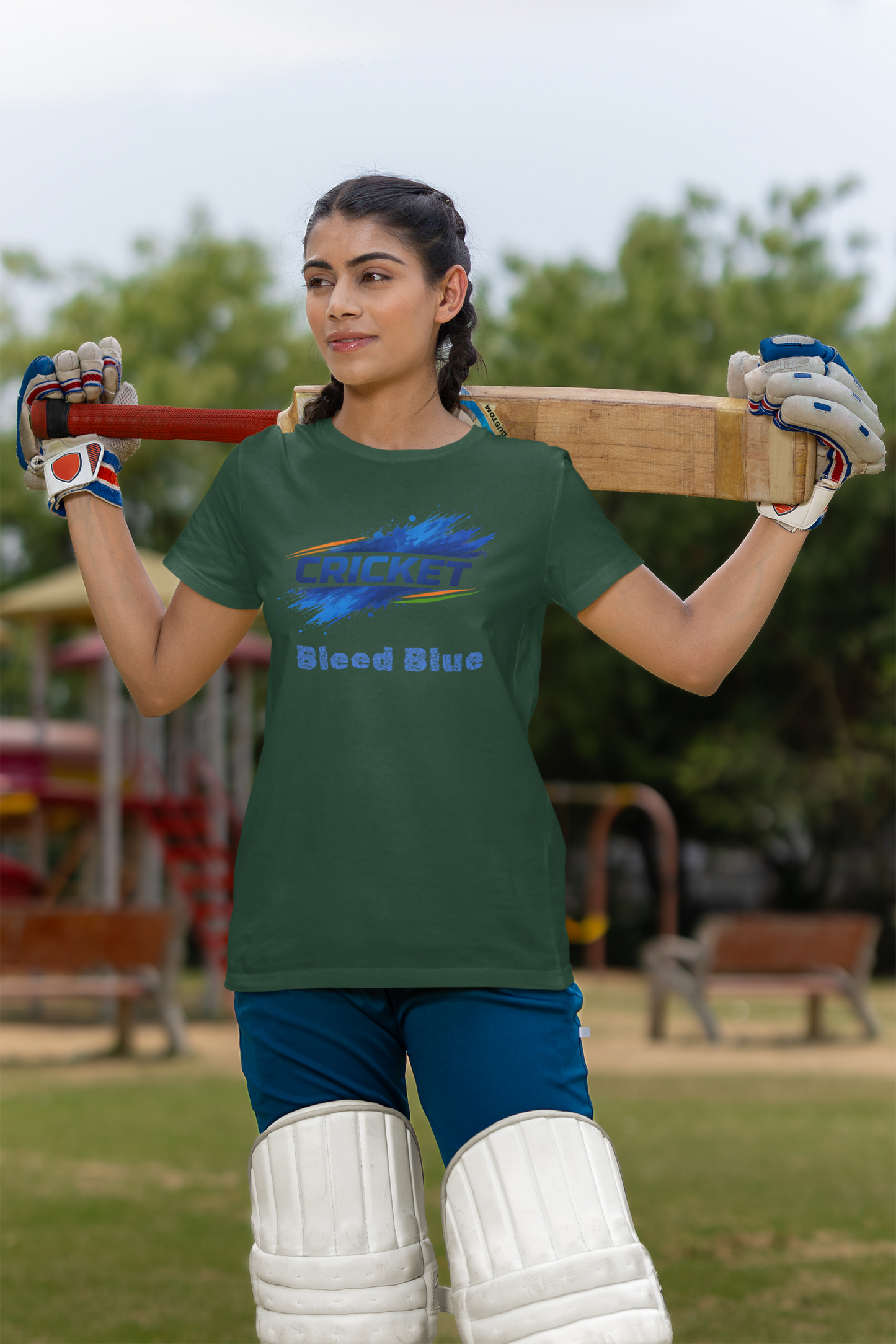 Bleed Blue Cricket T-Shirt for Women | Indian Cricket Fan Graphic Printed T-Shirts | 100% Combed Cotton Round Neck Sports T-Shirt