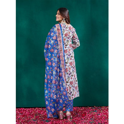 Generic Women's Cotton Blend Printed Kurti With Pant Dupatta Set (Multicolor)