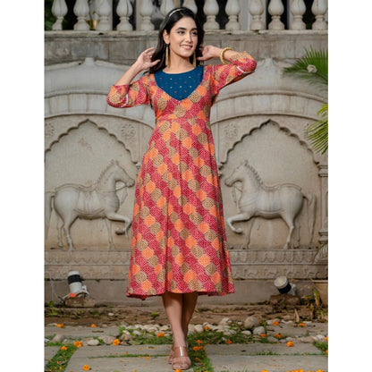 Generic Women's Rayon Print With Embroidery Work A-Line Kurti (Multicolor)