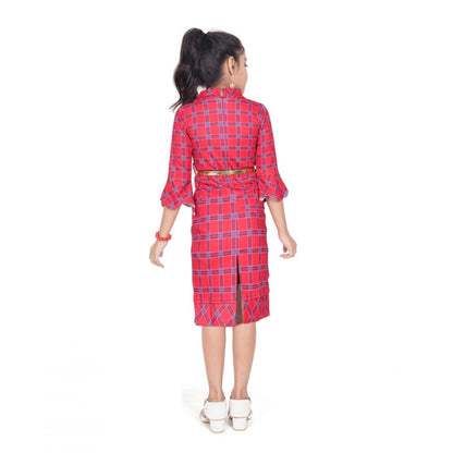 Generic Girl's Knitted Printed 3/4 th Sleeve Close Neck Dress (Pink)