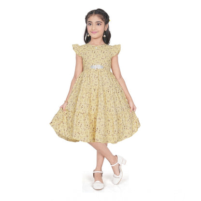 Generic Girl's Twill Printed Short Sleeve Round Neck Dress (Yellow)