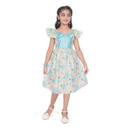 Generic Girl's Popcorn Printed Short Sleeve Squre Neck Dress (Sky Blue)