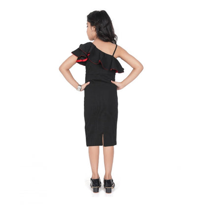 Generic Girl's Knitted Soild Sleeve Less Off Shoulder Dress (Black)