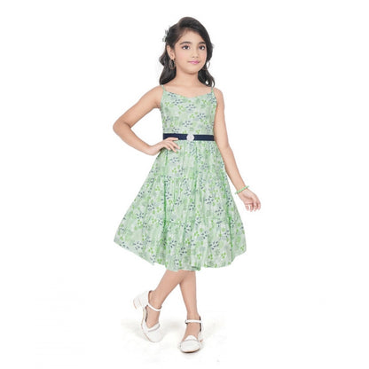 Generic Girl's Cotton Slub Printed Sleeve Less Round Neck Dress (Sea Green)