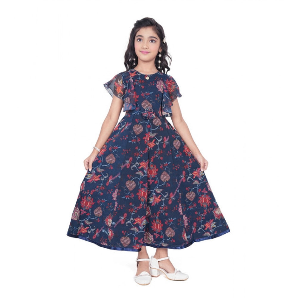 Generic Girl's Shiffon Printed Short Sleeve Round Neck Dress (Blue)