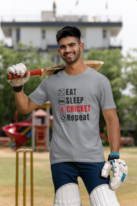 Graphic tee featuring Eat Sleep Cricket Repeat slogan, ideal for Indian cricket enthusiasts