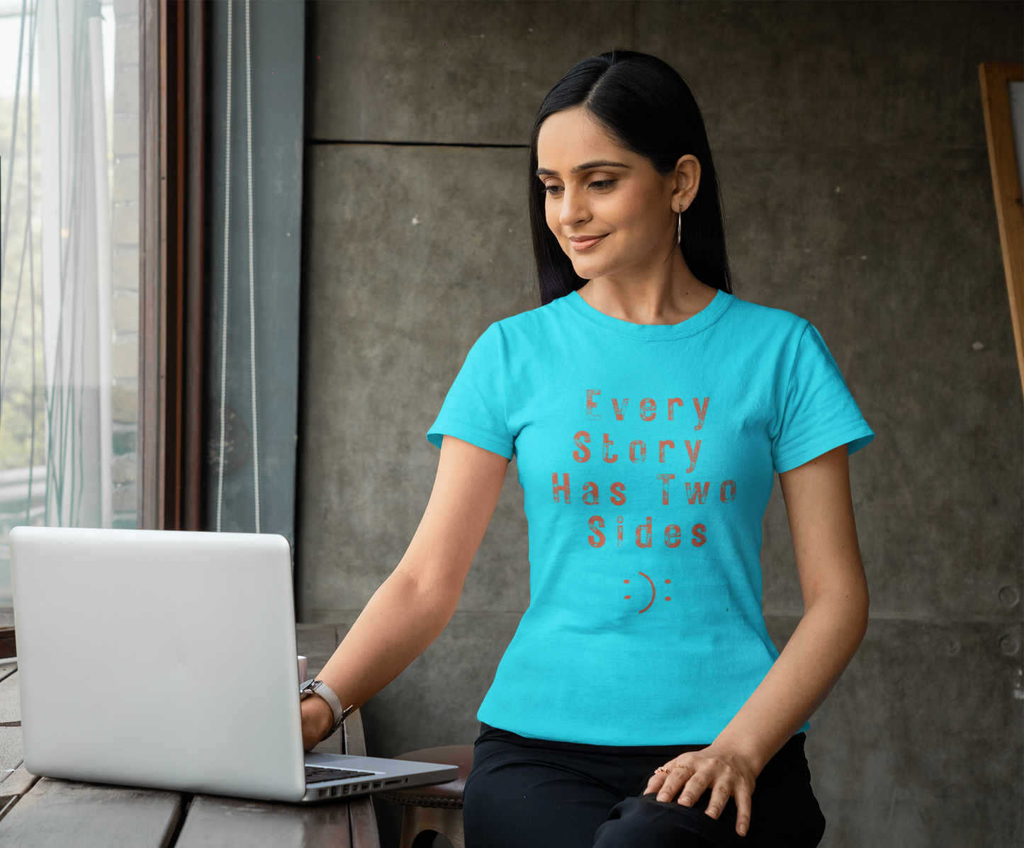 Women’s black graphic t-shirt with ‘Every Story Has Two Sides’ inspirational quote design