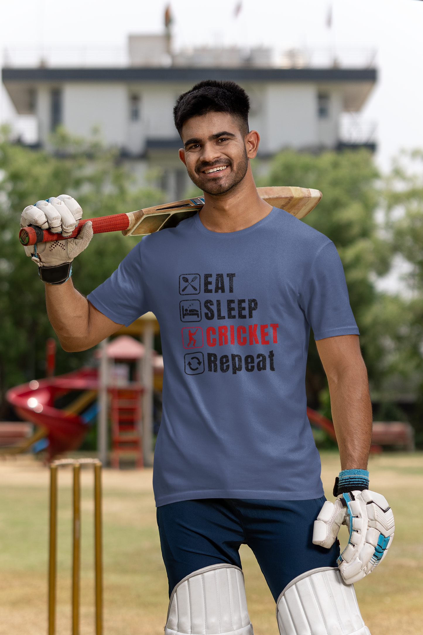 Graphic tee featuring Eat Sleep Cricket Repeat slogan, ideal for Indian cricket enthusiasts
