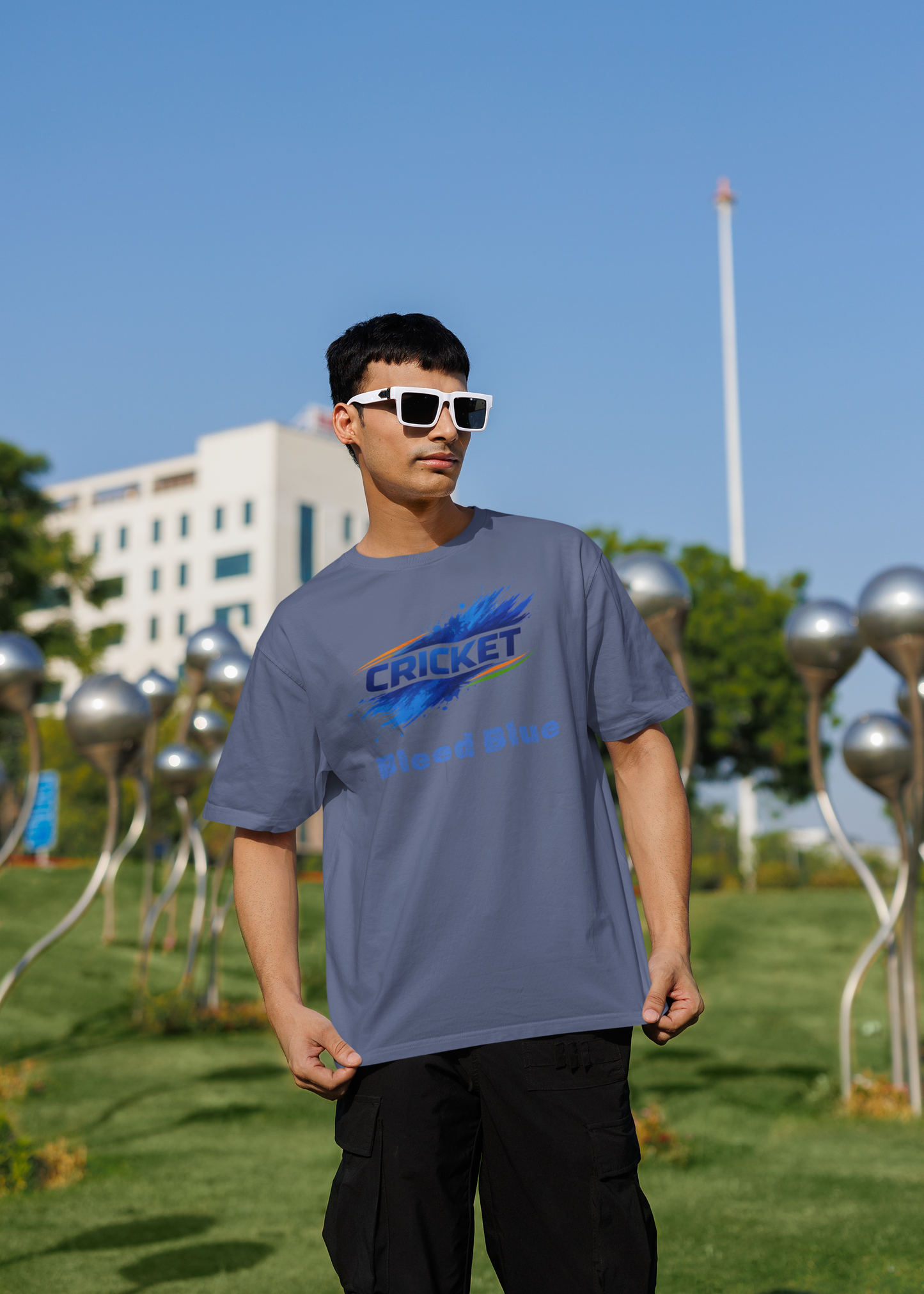 Bleed Blue Cricket T-Shirt for Men | Indian Cricket Fan Graphic Printed Oversized T-Shirts | 100% Combed Cotton Round Neck Sports T-Shirt