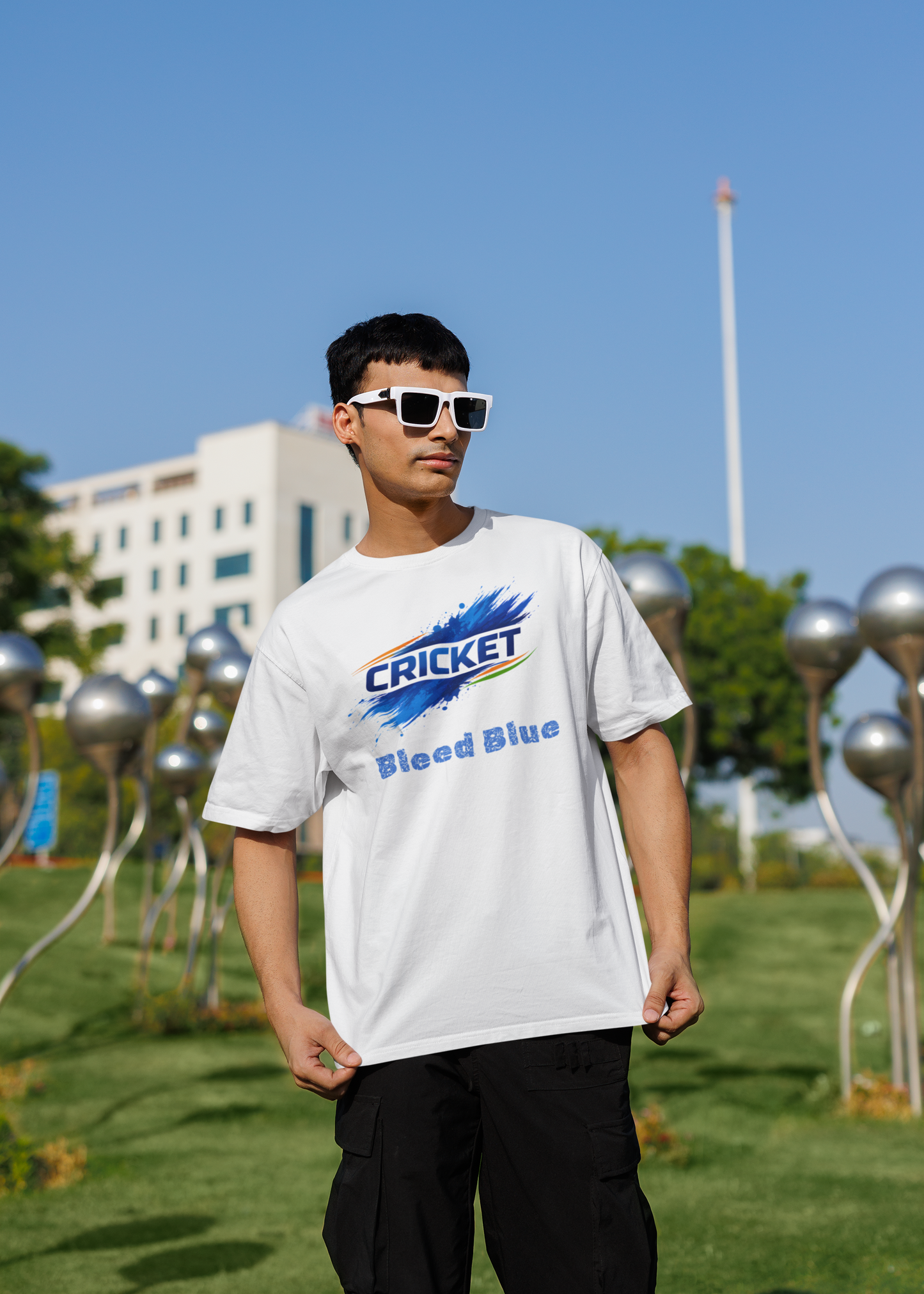 Bleed Blue Cricket T-Shirt for Men | Indian Cricket Fan Graphic Printed Oversized T-Shirts | 100% Combed Cotton Round Neck Sports T-Shirt