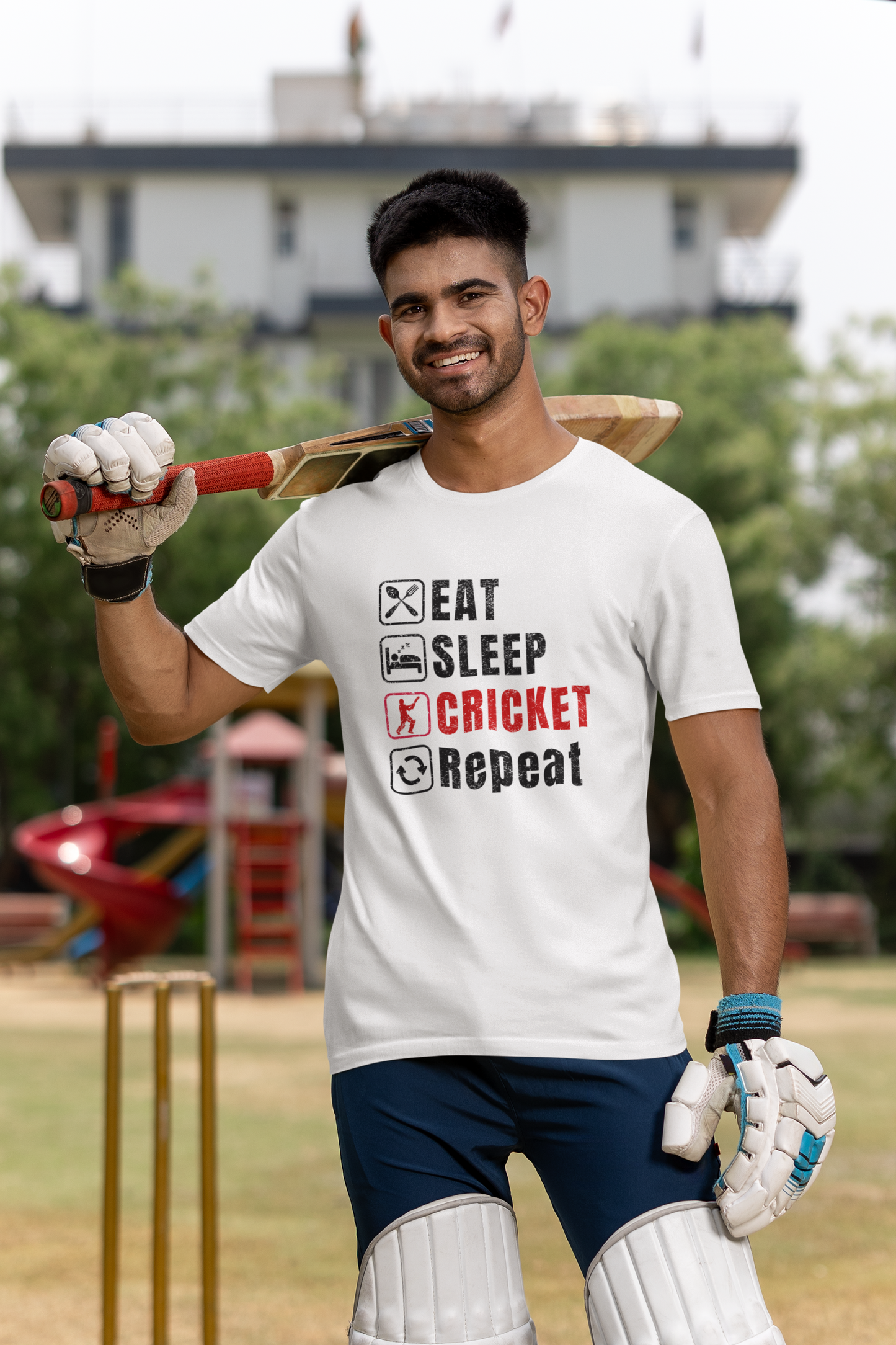 Graphic tee featuring Eat Sleep Cricket Repeat slogan, ideal for Indian cricket enthusiasts
