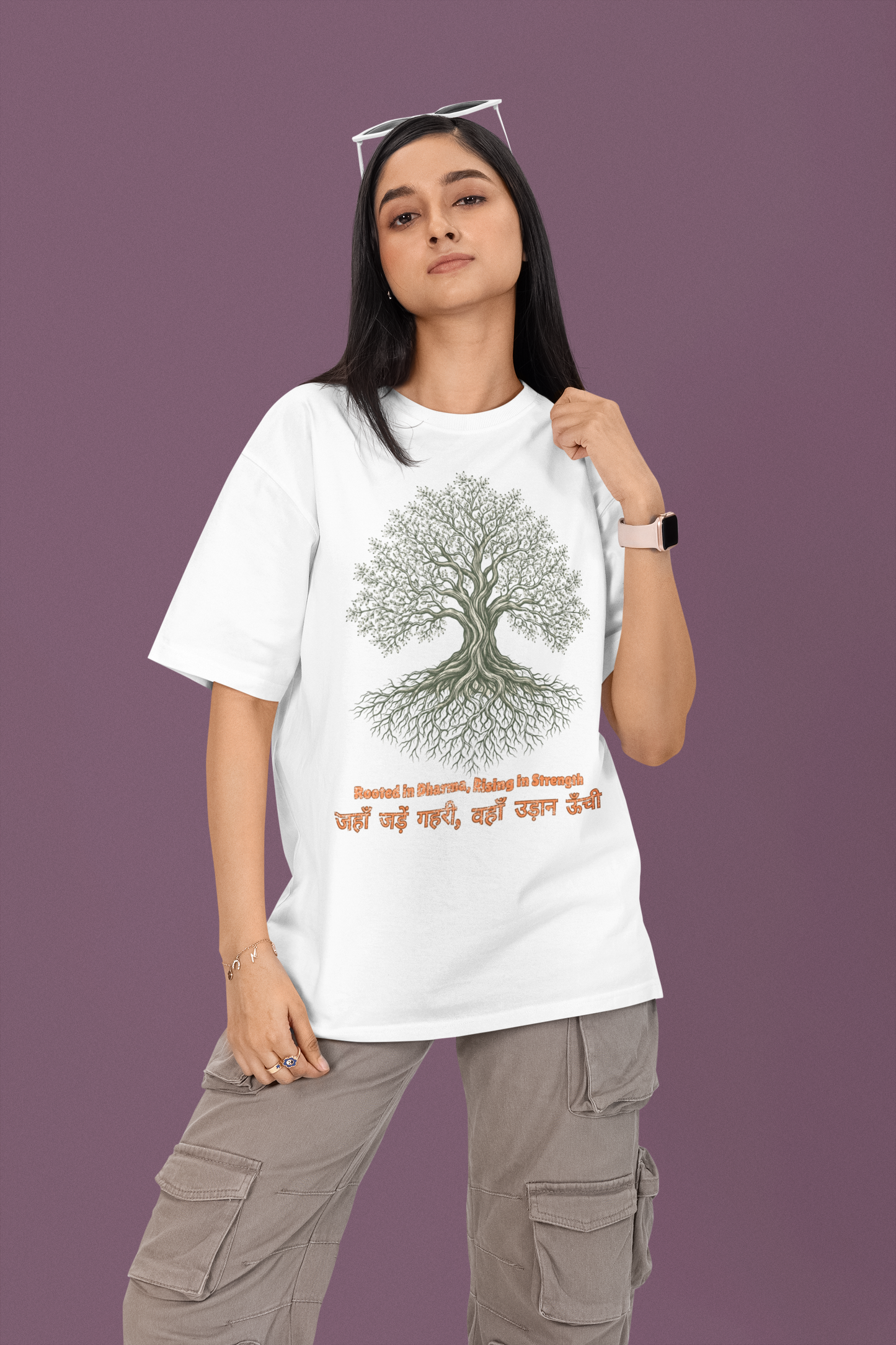Women’s oversized Tree of Life graphic t-shirt with gnarled tree print, 100% cotton streetwear tee