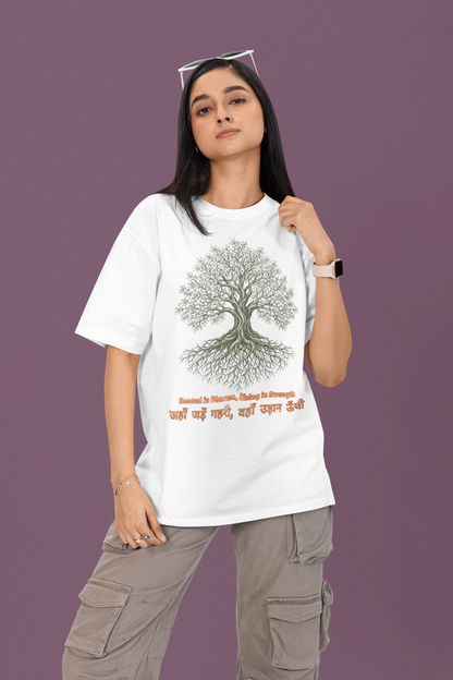 Women’s oversized Tree of Life graphic t-shirt with gnarled tree print, 100% cotton streetwear tee